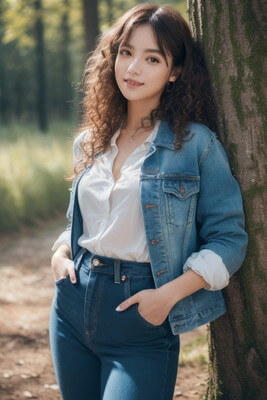 自分の腰に手を当てる（hand on own hip）+笑顔（smile）+リングレットヘア(ringlets hair）+正面、ポートレートスタイル（portraiture）